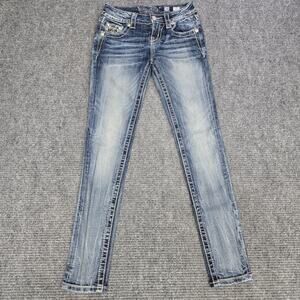 Miss Me Jeans Womens 24x31 Standard Skinny Blue Fleur De Lis Rhinestone Y2K
